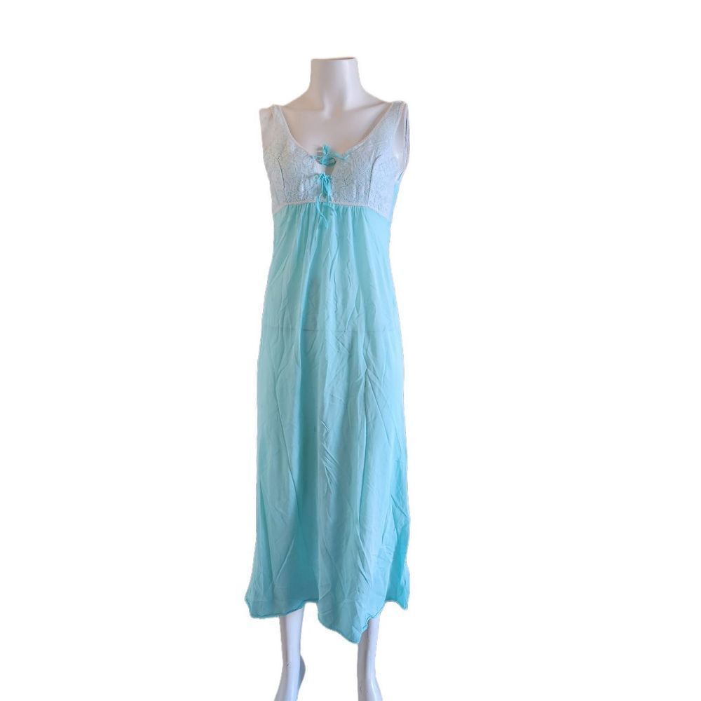 Sears vintage nightgown Small full length lace double bow mint blue